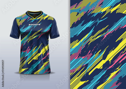 T-shirt mockup abstract stripe line jersey design for football, soccer, racing, esports, running, in yellow blue pink color