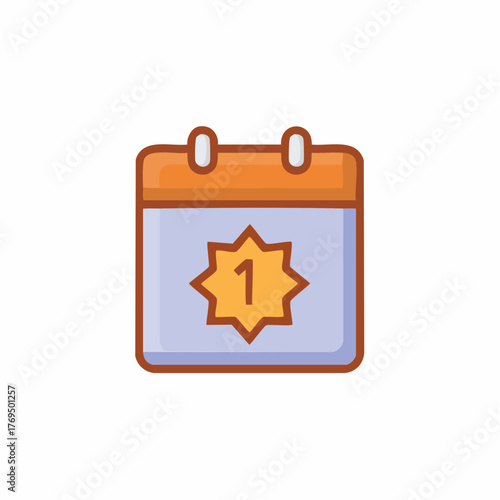 Flat calendar icon with the number 1 highlighted on a star shape, representing a special date or event
