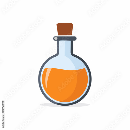 Round glass flask with cork stopper containing orange liquid potion