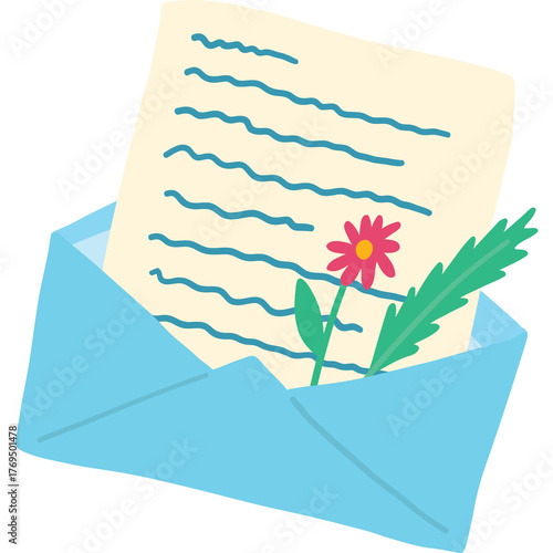 Light Blue Open Envelope Containing A Cream Colored Paper With Blue Wavy Text And A Pink Flower With Green Leaves On A Transparent Background