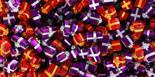 plein de cadeaux de noël rouges et violets - arrière-plan de Noël - rendu 3D