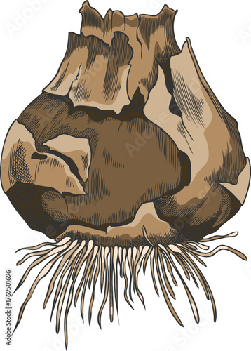 Hand-drawn watercolor illustration of a hyacinth bulb with roots and scales.