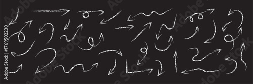 Arrow vector line icon set. Hand drawn brush sketch arrow line curve up, down shape chalk texture element set. Abstract grunge scribble chalk crayon style. Vector illustration

