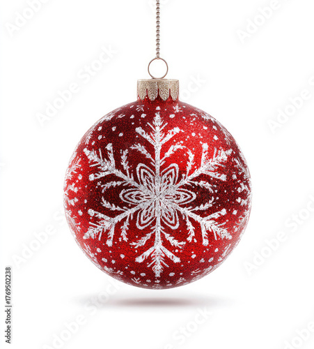 Red Christmas ornament with white snowflake pattern and glitter on white