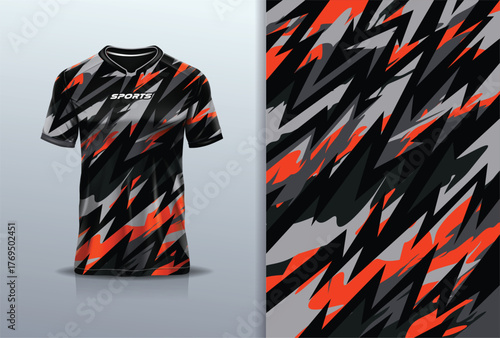 T-shirt mockup with abstract flash grunge sport jersey design for football, soccer, racing, esports, running, in black orange gray color
