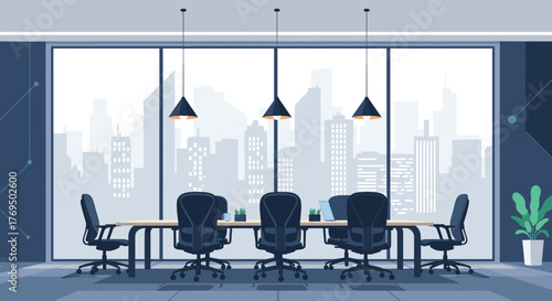 Modern office boardroom with panoramic city view, featuring chairs, table, and pendant lights.