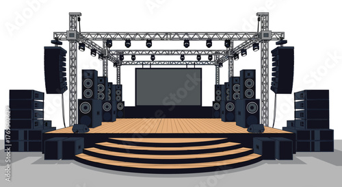 A detailed illustration of a concert stage setup with lighting, sound system, and a video screen ready for a live performance.