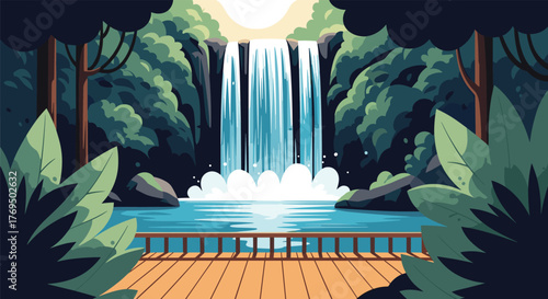 A picturesque pixel art depiction of a lush green forest with a cascading waterfall and a wooden deck.