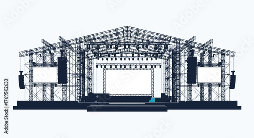 A highly detailed illustration of a concert stage featuring metal scaffolding, screens, and lighting rig under a complex truss system.