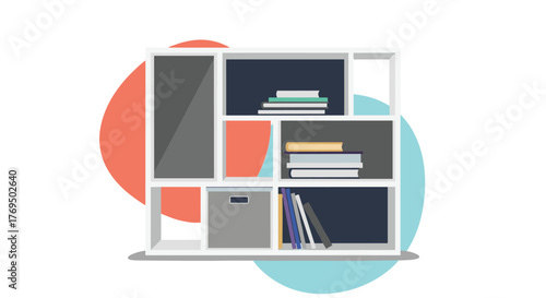 Modern minimalist bookshelf illustration with various books and a storage box organized in compartments on a colorful abstract background.