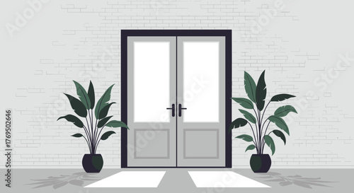 Indoor entryway featuring double doors, two potted plants, white brick wall, and light-colored flooring, suggesting a modern home design.