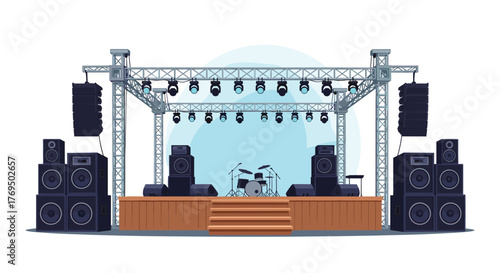 Digital illustration of a concert stage setup with speakers, lights, and a drum kit.