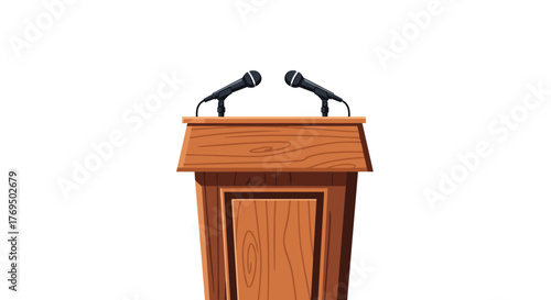 An empty wooden podium with two microphones set up for speakers or a press conference.