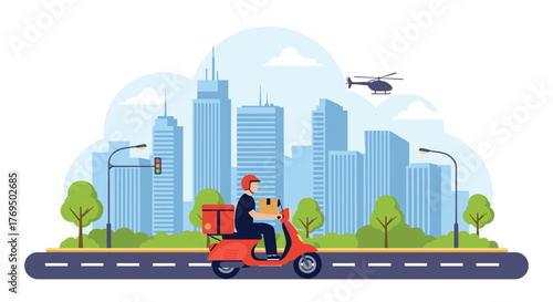 A delivery person on a scooter transports a package through a modern city with tall buildings and a helicopter in the sky.