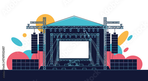 Large outdoor concert stage featuring impressive lighting, sound systems, a big screen, and vibrant abstract shapes.
