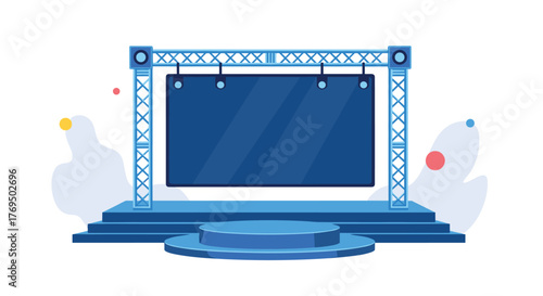 Modern stage setup with a large blue screen and podium, ready for a presentation or event, featuring abstract background elements.