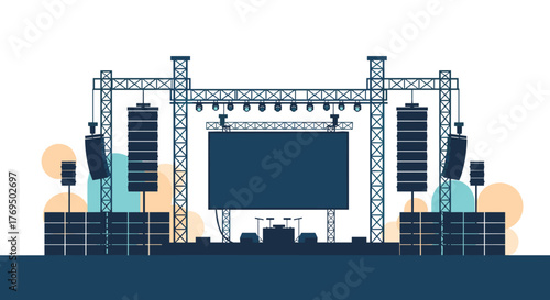 Illustration of an empty, expansive outdoor concert stage with a large video screen, line array speakers, and extensive lighting truss, ready for a music festival.