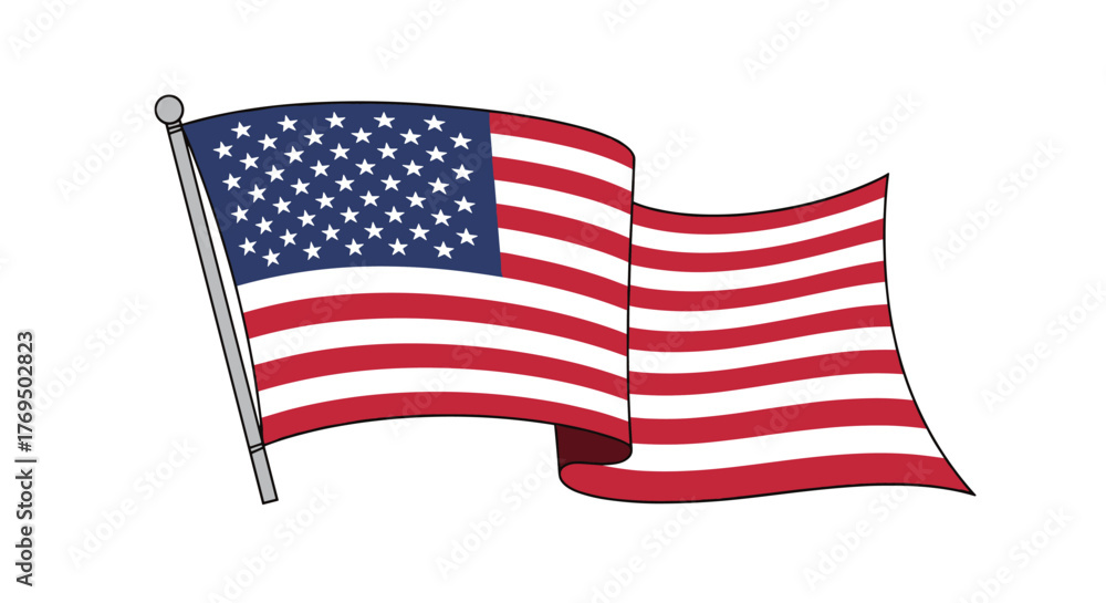 Fototapeta premium A patriotic illustration of the American flag, featuring red and white stripes and a blue field with white stars, proudly waving on a flagpole.