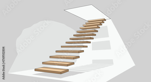 A contemporary 3D rendering of a minimalist floating staircase with light wooden treads, designed for a modern interior space, leading upwards through a floor opening.