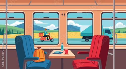 Traveler's view from a train window reveals a picturesque rural landscape with a passing delivery scooter and truck, alongside an inviting interior.