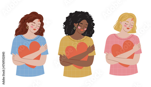 vector set of girls hugging hearts