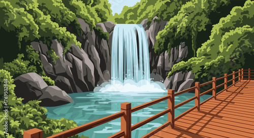 A vibrant pixel art illustration of a majestic waterfall cascading into a clear pool amidst lush green mountains, with a rustic wooden boardwalk in the foreground.