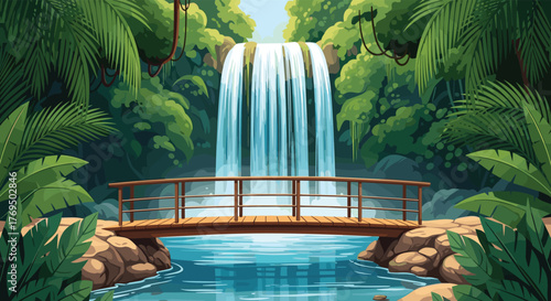 A serene pixel art jungle landscape featuring a cascading waterfall and a rustic wooden bridge spanning a tranquil river.