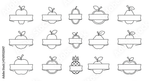 A collection of monochrome outline fruit logos and labels, featuring apples, pears, and a pineapple with customizable blank banner spaces.