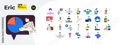 Korean man character for work and communication cartoon flat illustrations mega bundle. Typing, sick, relaxing. Office worker, tourist 2D images isolated on white. Collection vector drawings colorful