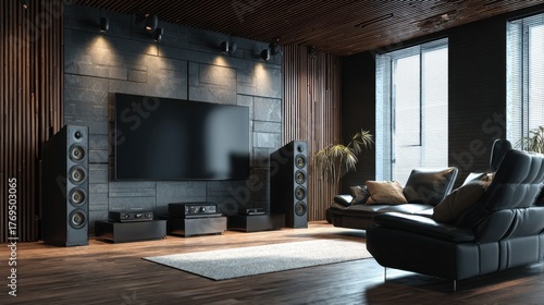 A black and white living room with a large flat screen TV and surround sound speakers. The room is furnished with a black leather couch and a black recliner. There are two potted plants in the room