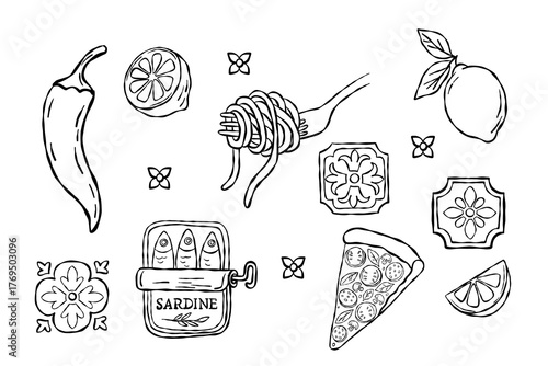 Whimsical black line art set of Italian food pasta, pizza, lemon, sardines, chili and ceramic tiles