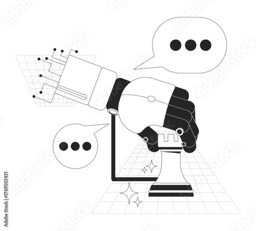 AI strategy line onboarding ui illustration. Artificial intelligence holding strategic chess piece. Machine logic in decision-making outline 2D concept isolated. Ink linear metaphor vector art