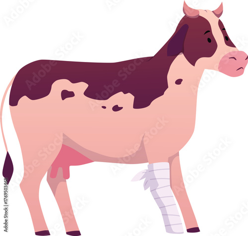 A cartoon cow with a bandaged leg, a sick animal, side view.