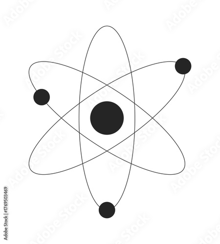 Atom model 2D line object. Atomic structure. Science and physics. Educational graphic. Scientific nucleus with orbiting electrons isolated clipart vector ink outline item. Monochrome spot illustration