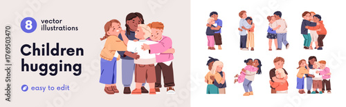 Happy children hugging set. Cute kids embracing, friends and siblings, family together. Child group, couple. Love and friendship, bonding concept. Flat vector illustration isolated on white background
