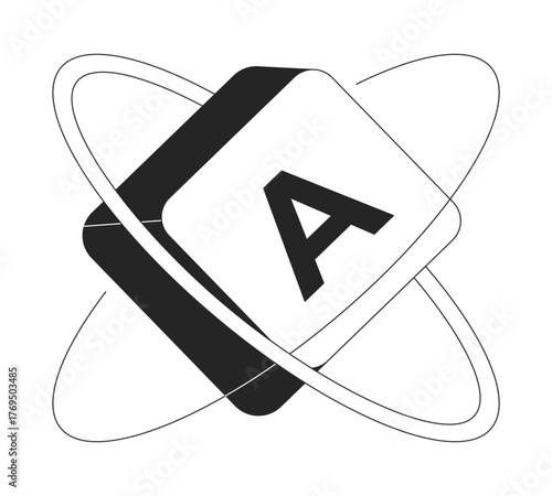 Language block with atomic orbit 2D line object. Computer keyboard key with letter A and orbiting rings. Digital alphabet isolated clipart vector ink outline item. Monochrome spot illustration