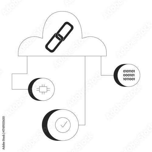 Cloud network with blockchain and data components 2D line object. Web link, microchip, complete, binary code. Server computing isolated clipart vector ink outline item. Monochrome spot illustration