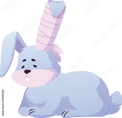 Wounded rabbit, cartoon sick hare with bandaged ear, hurt injured animal pet, vector veterinarian treatment, health care