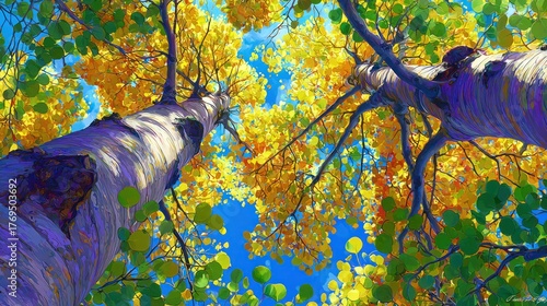 Vibrant autumnal canopy upward view of trees with golden and green leaves against a blue sky
