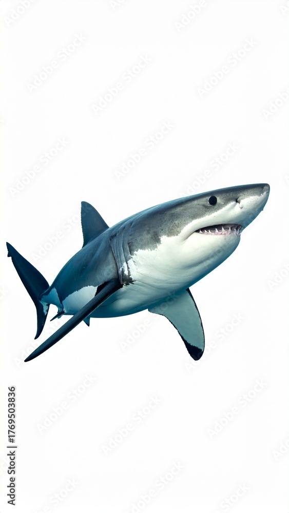Obraz premium Majestic Great White Shark Swimming in Profile Isolated on White Background.