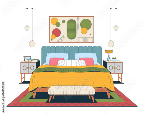 Eclectic bedroom with decorative art and cozy textiles 2D vector illustration. Pendant lights, bedding pillows, upholstered bed rug flat scene isolated on white background. Colorful cartoon image