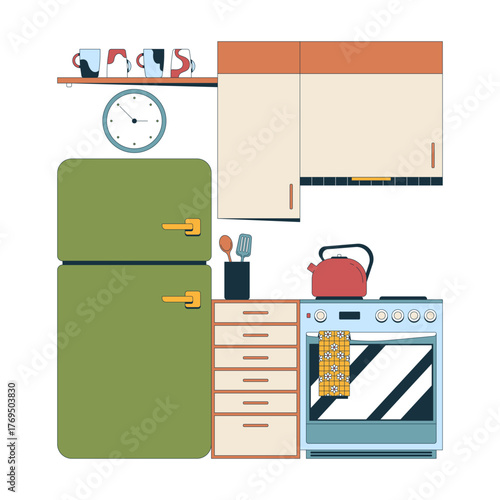 Kitchenette 2D vector illustration. Compact kitchen interior with fridge, stove, kettle, upper cabinets. Cooking appliances, utensils flat scene isolated on white background. Colorful cartoon image