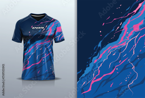 T-shirt mockup abstract texture grunge texture sport jersey design for football, soccer, racing, esports, running, blue pink color