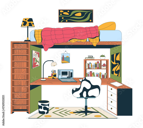 Eclectic loft bed 2D vector illustration. Student study desk with laptop, wall art, lamps, books, modern chair. Cozy nook furniture flat scene isolated on white background. Colorful cartoon image