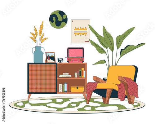 Bohemian eclectic nook with suitcase turntable 2D vector illustration. Armchair throw blanket. Book sideboard, vinyl player. Boho slow living flat scene isolated on white. Colorful cartoon image