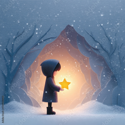 Paper-cut style winter illustration of child in hooded coat holding a glowing star inside snowy cave, symbolizing hope, warmth, and wonder. Vector illustration