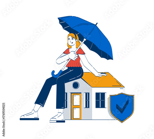 Home insurance claim doodle illustration concept. Coverage property. House liability. Woman homeowner above house with umbrella cartoon 2D character isolated on white. Hand drawn vector metaphor