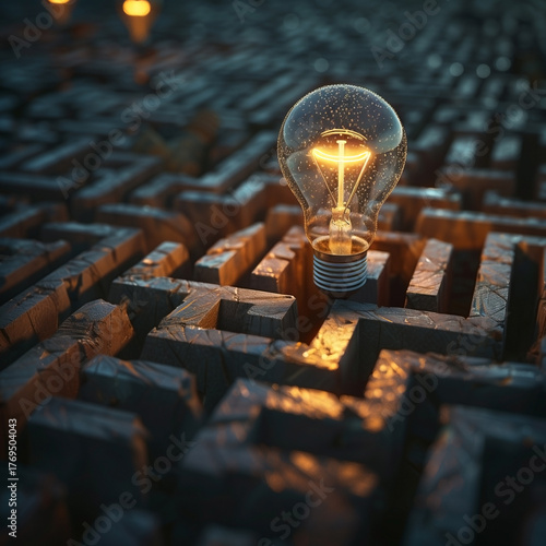 Glowing light bulb inside complex maze representing discovery