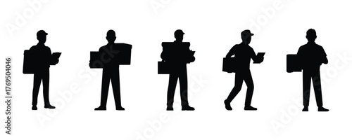 Delivery man silhouette vector on white background. 