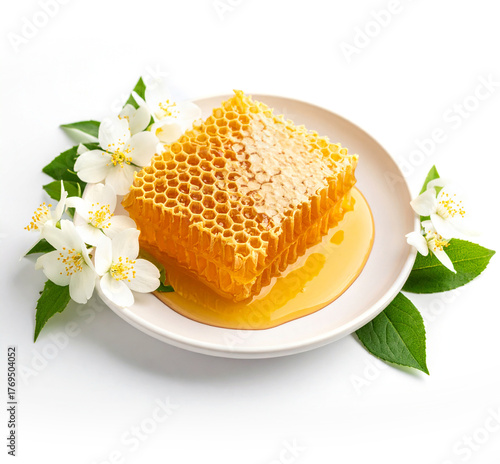Honeycomb closeup with flowers and natural sweetness theme